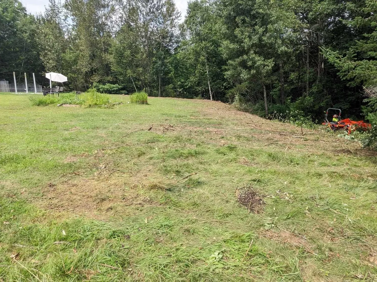 Mowed grassy field bordered by trees, with a tractor at the edge.